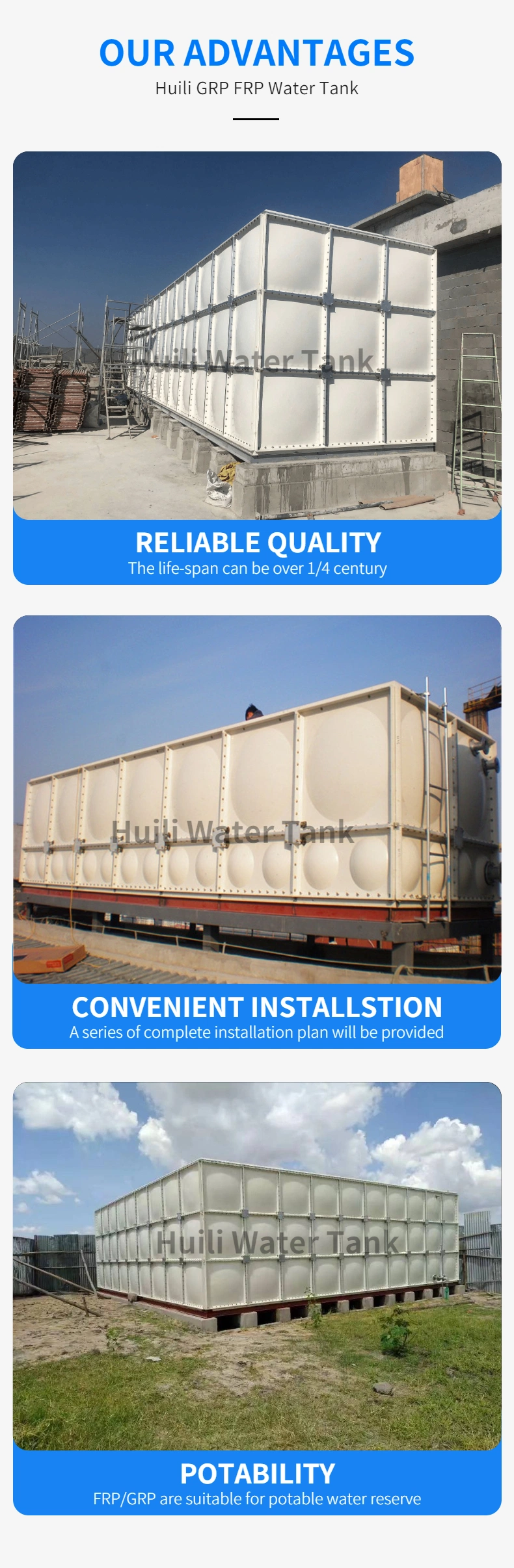 Hot Sale 100000 Liter GRP FRP Fiberglass Rectangular Rain Water Storage Tank in Malaysia Used Food Grade Water Tank Cheap Price